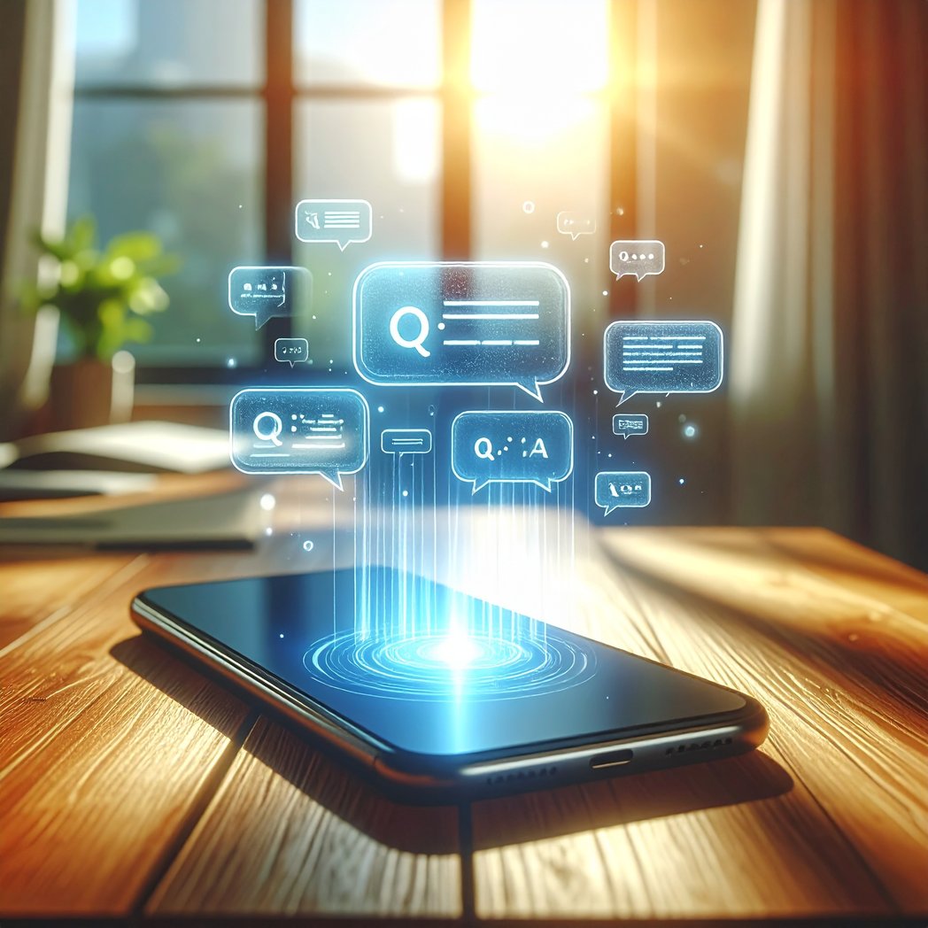 A smartphone on a wooden table in a bright room projects a futuristic holographic chatcustomer support interface