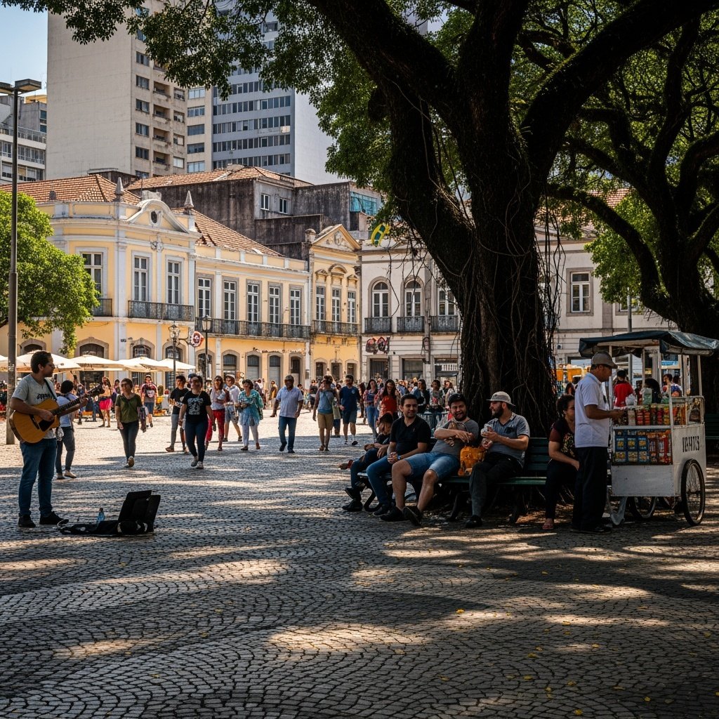 A typical Brazilian city people walking meeting and talking around a big plaza