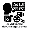 a black and white icon for UK Multimodal Video  Image Datasets For example a head speaking a british flag cameras and cinema rolls-1