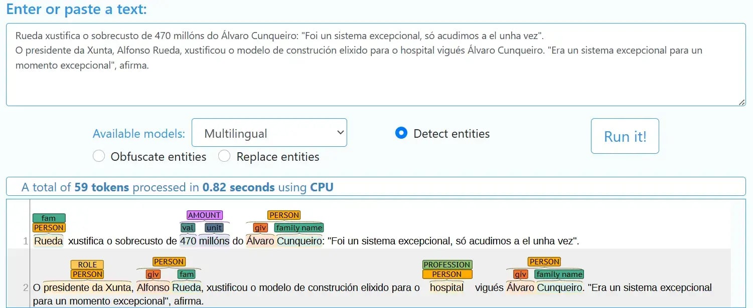 Anonymized text in Galician, a co-official language of Spain