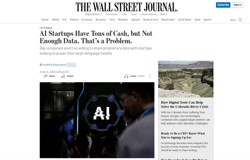 The wall Street Journal- AI Startups have tons of cash, but Not enough Data