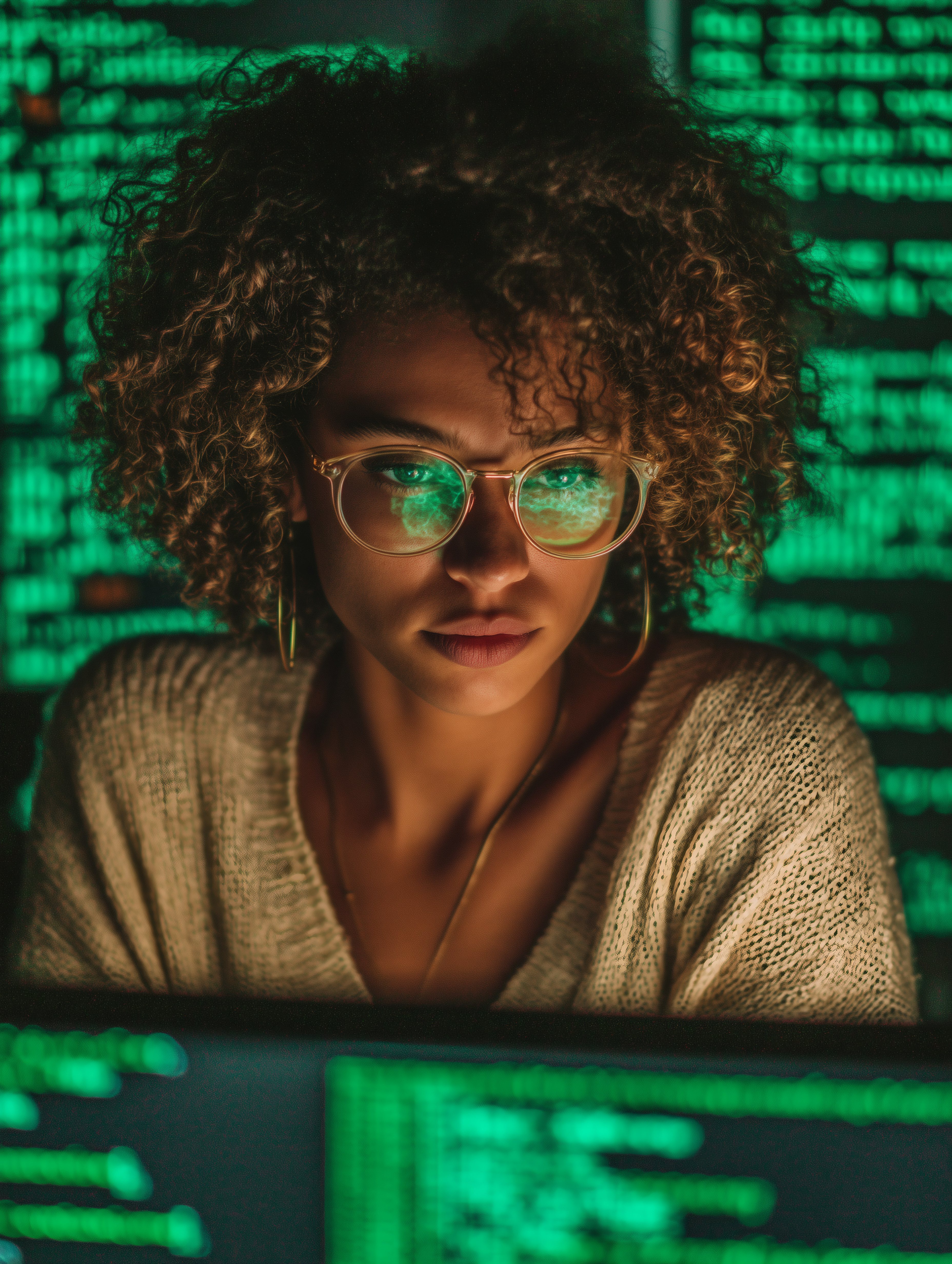 Female programmer fully focused looking at monitors with code working on AI customization