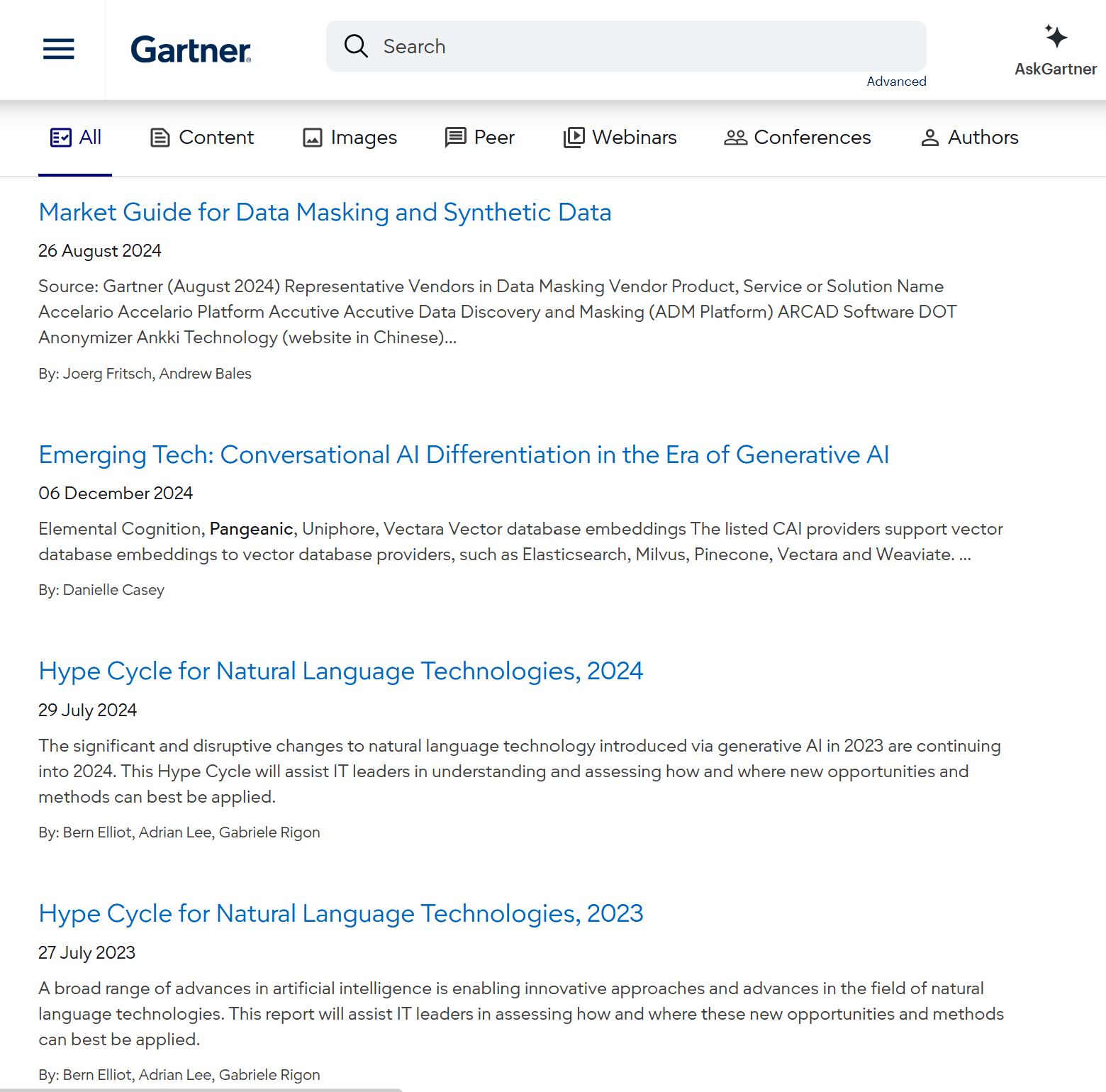 Pangeanic list of mentions in Gartner Market Guides, Emerging Tech reports as representative vendors and Hype Cycles